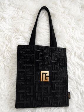 Balmain Beauty Large Black Velvet Quilted Tote Bag with Gold Logo